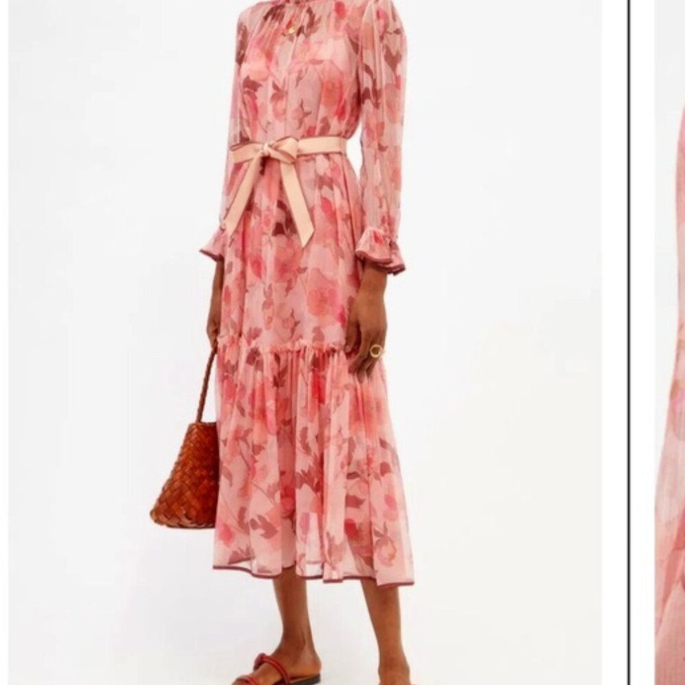 Ruffled Floral-Print Chiffon Midi Dress